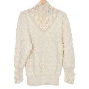 Vintage Braemar Knitted By Hand Cream Crochet High Neck Wool Blend Sweater Med